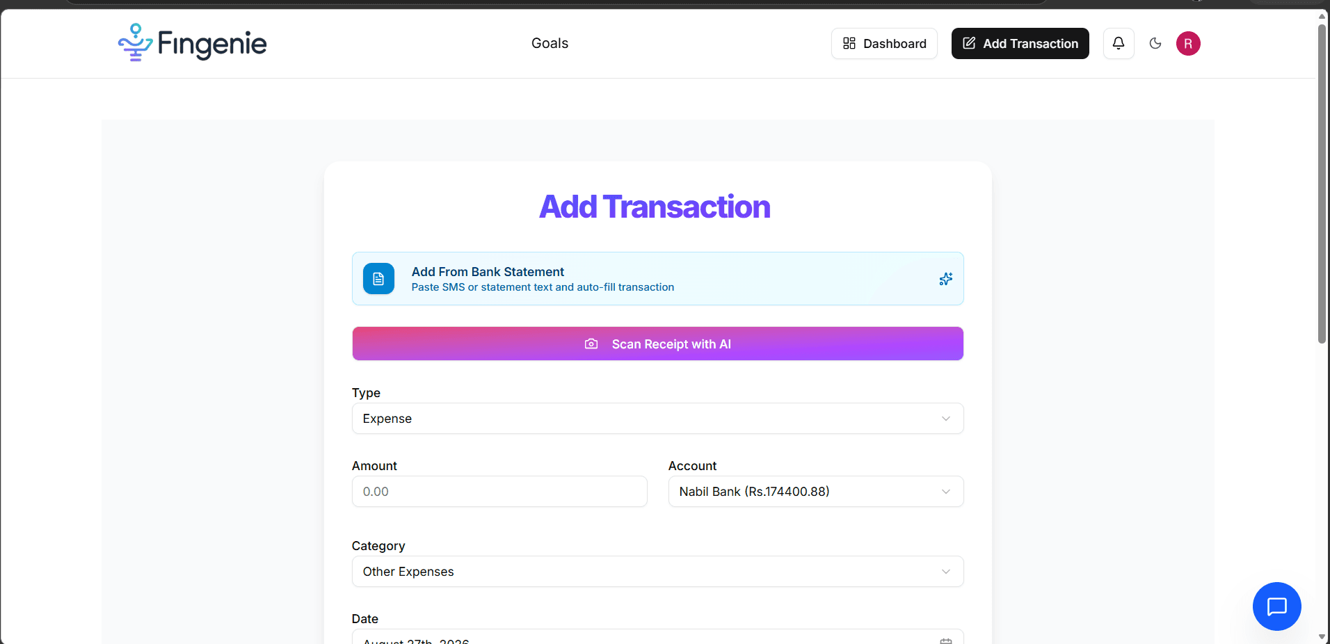 FinGenie add transaction, method one