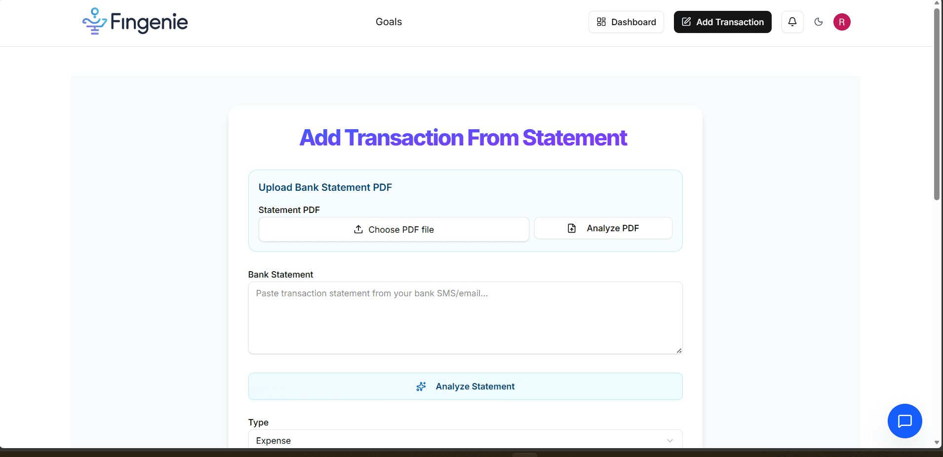 FinGenie add transaction, method two