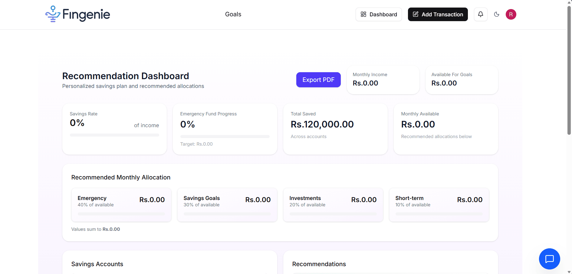 FinGenie recommendation page