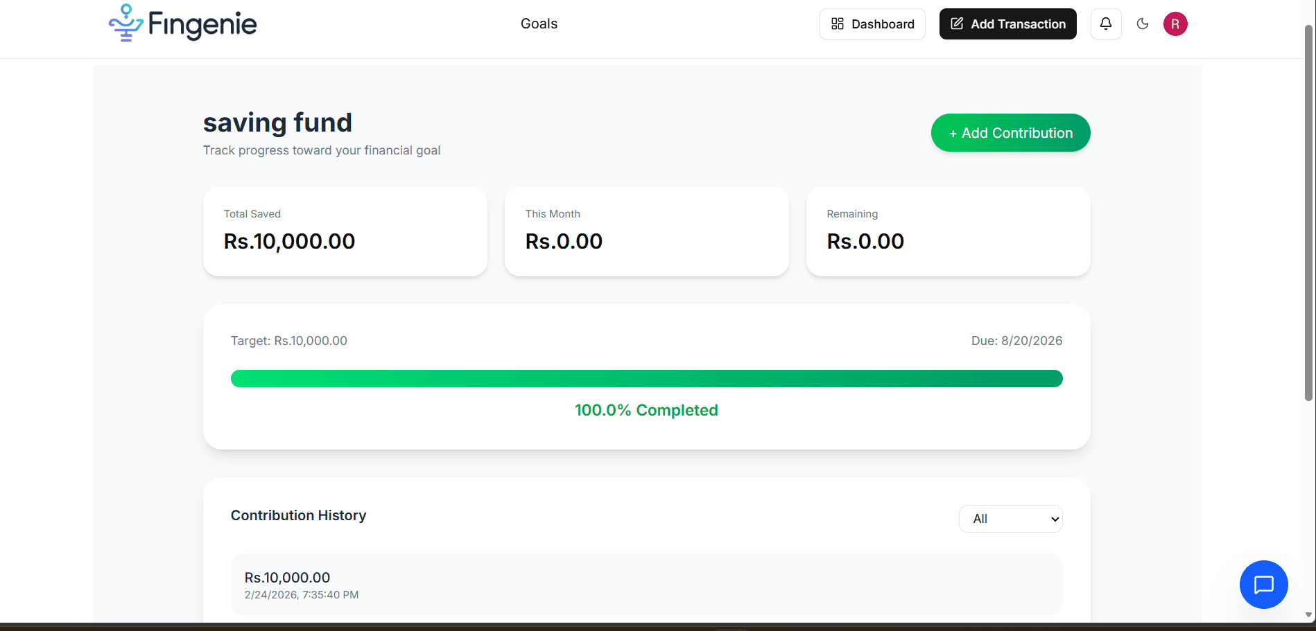 FinGenie goal dashboard