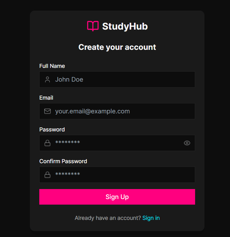 StudyHub sign up page