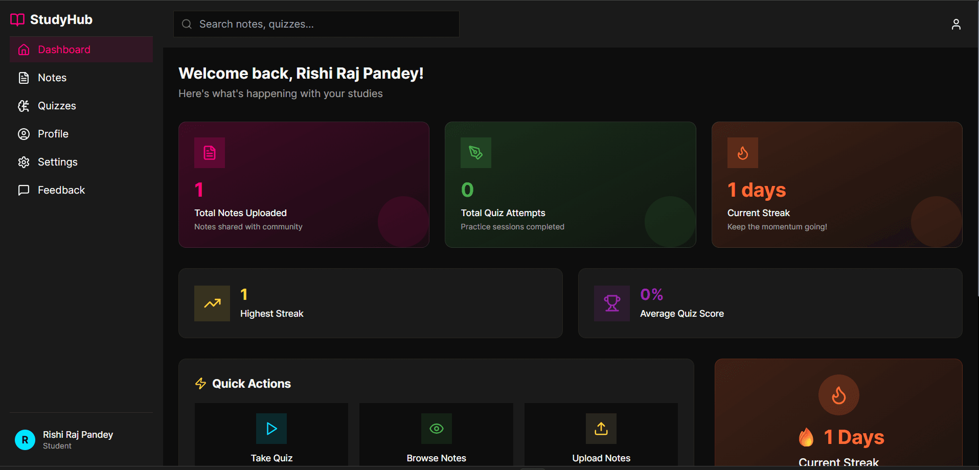 StudyHub student dashboard