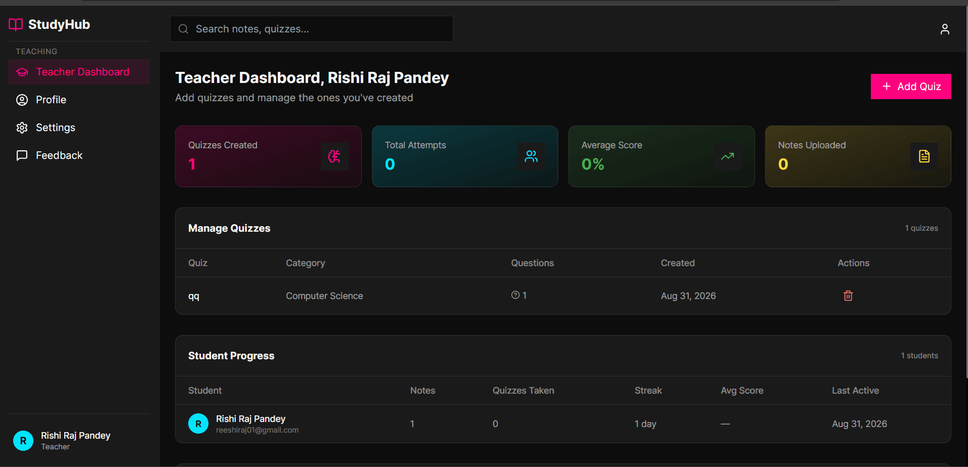 StudyHub teacher dashboard